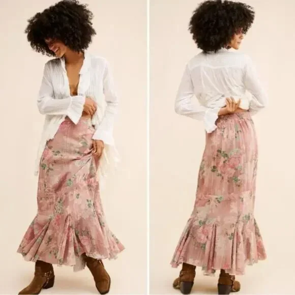 Free People Ethereal Dainty Cottage Bordeaux Floral Flounce Maxi Skirt MED - Picture 1 of 5